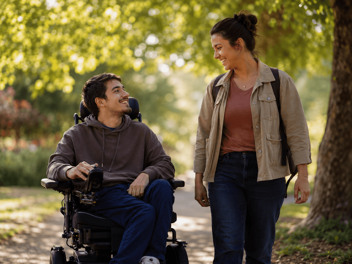 Jeune adulte en fauteuil roulant accompagné par une auxiliaire de vie dans un parc — accompagnement PCH ARTEMIS