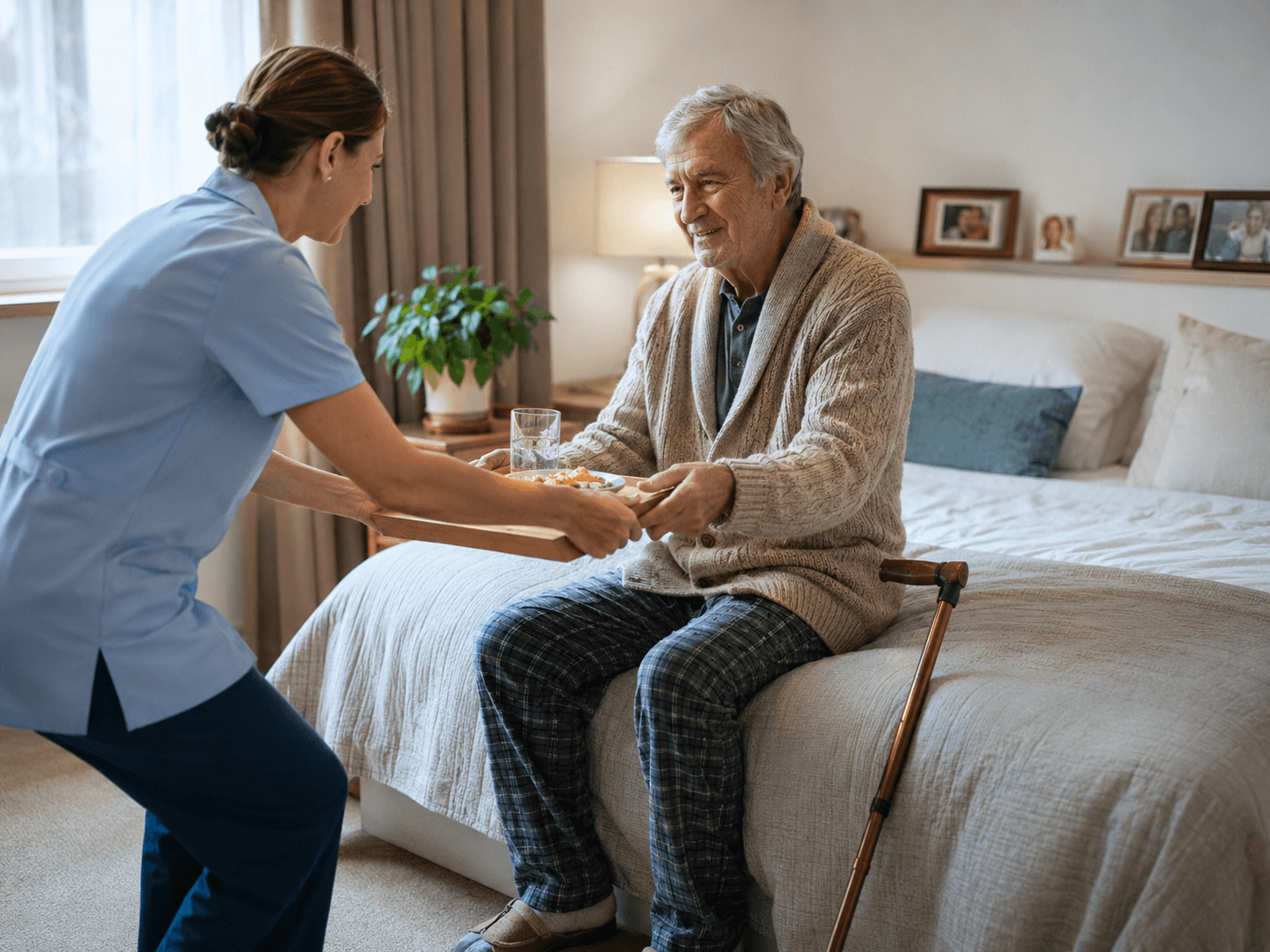 Soignante apportant un plateau-repas à un monsieur âgé en convalescence dans sa chambre — accompagnement sortie d'hospitalisation ARTEMIS