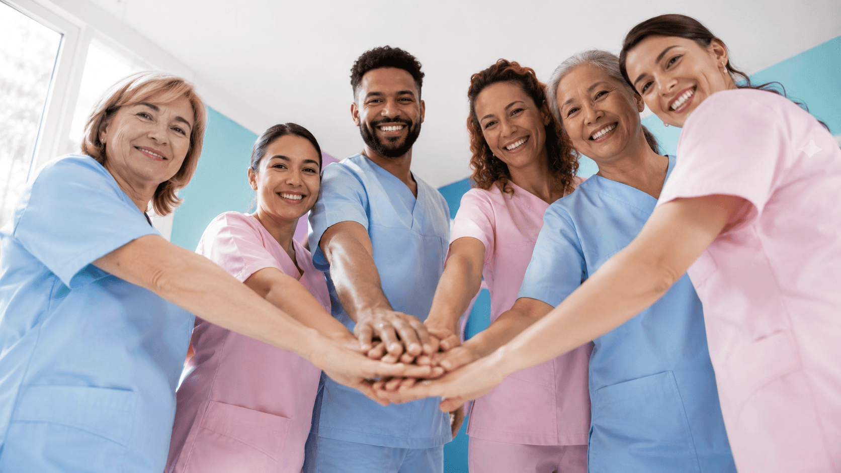 L'équipe d'auxiliaires de vie et d'aides à domicile ARTEMIS réunie, mains jointes en signe de cohésion