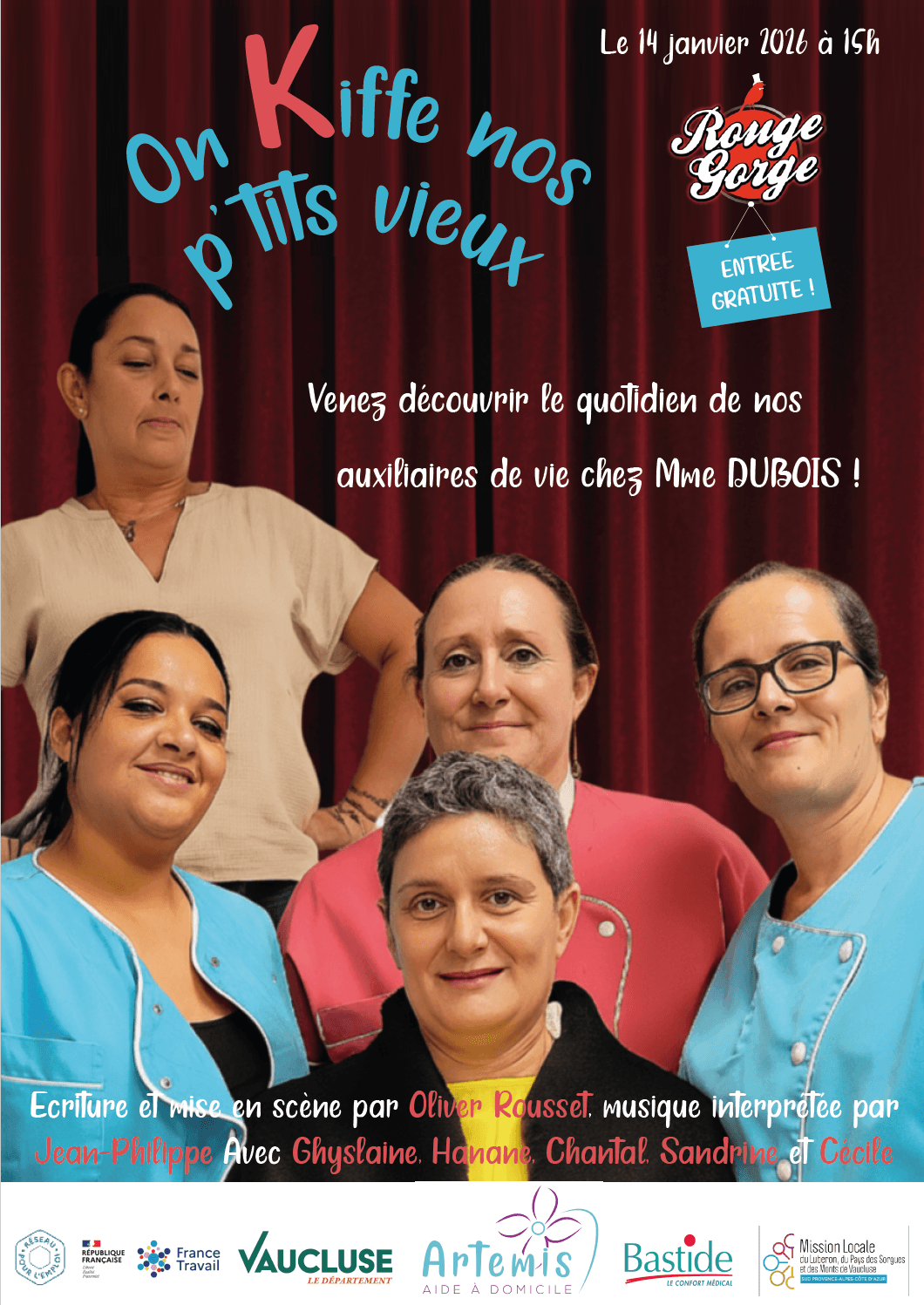 Affiche de la pièce de théâtre « On kiffe nos p'tits vieux » présentée par ARTEMIS Aide à Domicile
